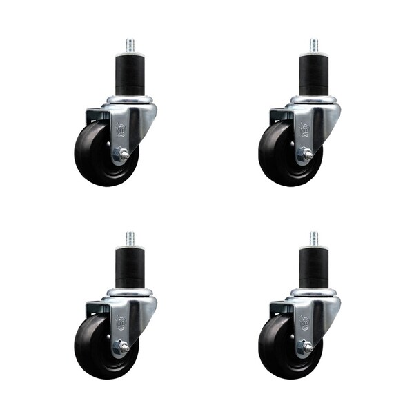3'' SS Hard Rubber Wheel Swivel 1-3/4'' Expanding Stem Caster Set, 4PK